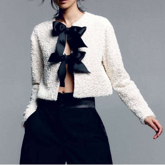 H&M viral bloggers fav white sequin black bow ribbon tie front cardigan sweater - Picture 3 of 7